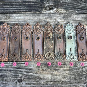 May include: Eight rectangular metal door plates with ornate, raised scrollwork patterns. Each plate features a central circular knob hole and a lower keyhole. The plates exhibit varying degrees of rust and patina, with one plate finished in a pale green.