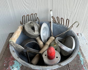 Vintage Graniteware Bowl With Collection of Old Kitchen Tools ~ Wisk/Cookie Cutters/Pastry Blender/Tea Strainer/Grater/Ladle/Potato Masher