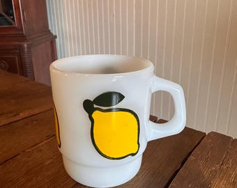 Vintage FireKing Super Fruits Lemon Coffee Mug ~ Anchor Hocking ~ Milk Glass ~ D Handle ~ Mid Century Kitchen