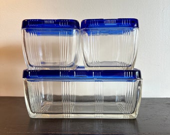 Vaisselle vintage pour réfrigérateur en verre cobalt de l'Atlas noisette ~ verre transparent et bleu ~ motif croisé