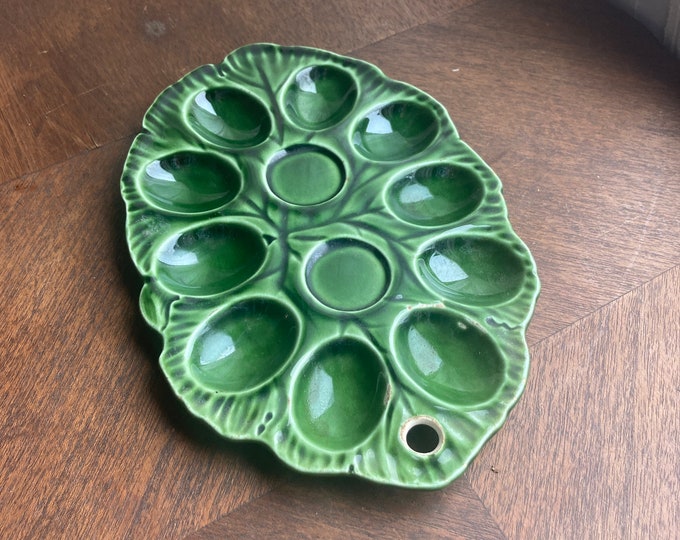 Mid Century Green Ceramic Egg Platter Deviled Egg Dish Egg Etsy