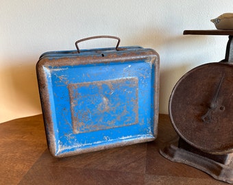 Vintage Rusty Blue Metal Lunch Box ~ Industrial Lunch Box with Push Button Open ~ Primitive Rustic Crusty Box