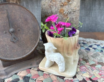 Sweet Little Baby Lamb Planter ~ Sheep and Tree Stump Vintage Ceramic Vase ~  Morton Pottery