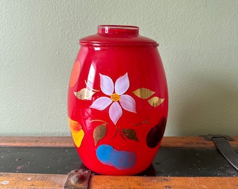 Vintage Bartlett Collins Red Glass Cookie Jar ~ Hand Painted Floral and Fruit Jar and Lid ~ 1950s Farmhouse Country Kitchen ~ Art Deco