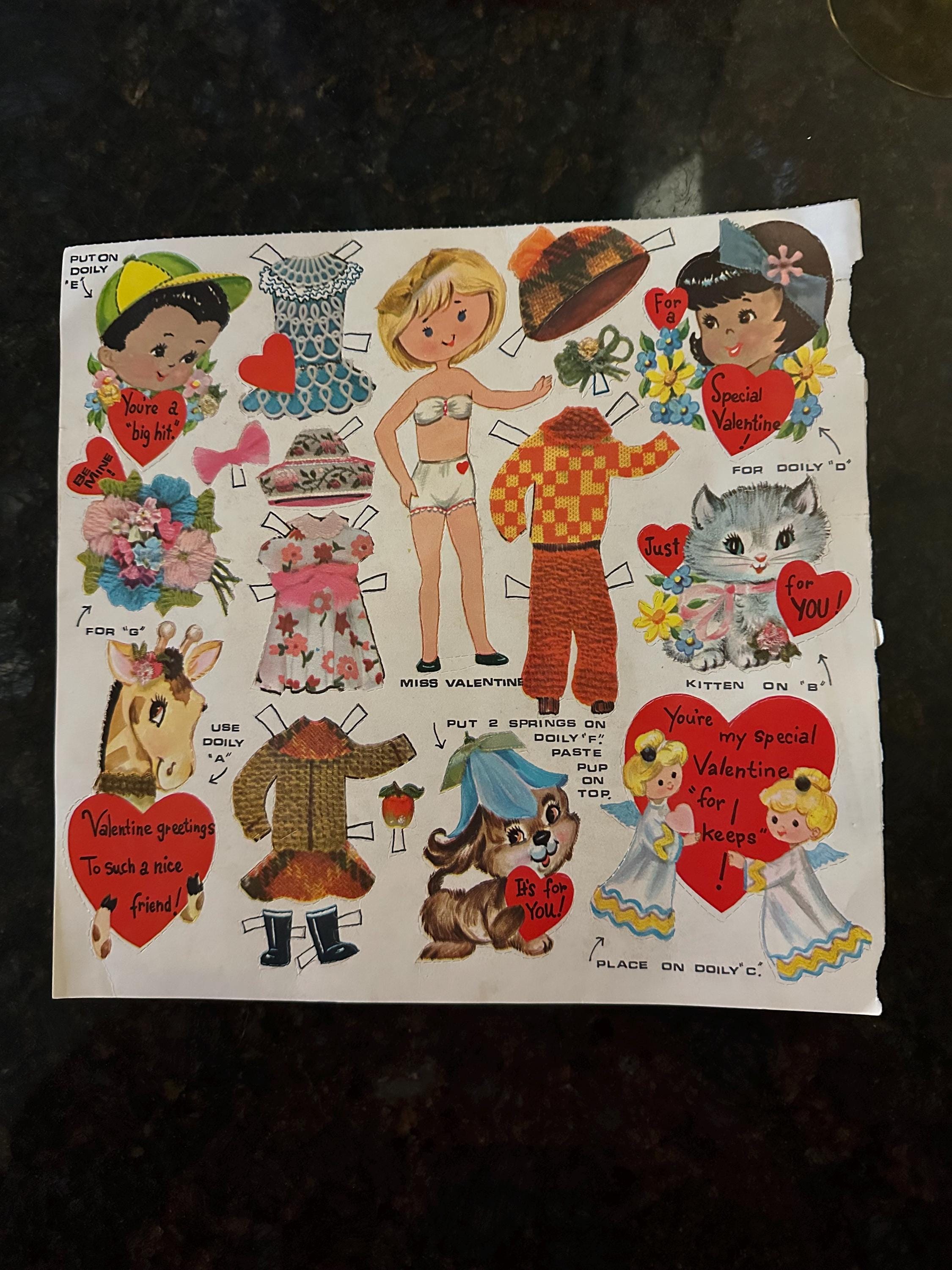 Vintage Miss Valentine Paper Doll Page ~ Unused Original Paper Epherma Valentines ~ Crafting Junk Journal~Scrapbook~ Love and Hearts Paper