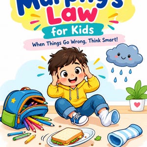 May include: A book cover titled Murphy's Law for Kids: When Things Go Wrong, Think Smart! by Pixel Nest by Mani. It features a cartoon child in a yellow hoodie and blue jeans sitting near a blue backpack with colored pencils, a sandwich, and a sock.