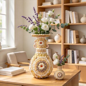 May include: A large and a small decorative vase covered in white and tan seashells with a yellow base. The large vase features two side handles and a central red gem accent. Both vases are filled with white flowers, purple lavender, and green eucalyptus.