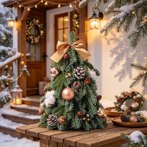 May include: A tabletop Christmas tree made of green pine branches, decorated with metallic rose gold baubles, brown pinecones, and white cotton bolls. A large satin ribbon bow sits at the top, and the tree is displayed on a wooden table.