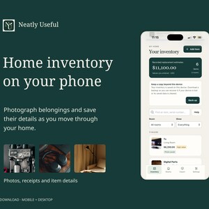 May include: A digital interface for a home inventory application displayed on a smartphone screen. The screen shows a dashboard with item counts, total value, and a list of recorded household items. The background is dark green with white text.