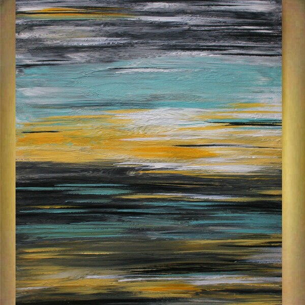 Original Abstract   Yellow Blue Black Impasto Modern wall Art    Painting . Size 36 x 24.Free Shipping