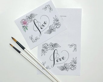 Love Calligraphy Printable Card and Coloring Page Heart