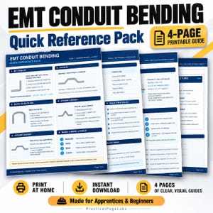 Könnte beinhalten: Ein 4-seitiger, druckbarer Kurzanleitungs-Leitfaden für das Biegen von EMT-Rohren mit Diagrammen, Formeln und Schritt-für-Schritt-Anleitungen für Biegungen, Versätze und Sättel. Das Dokument enthält Textüberschriften wie EMT CONDUIT BENDING.