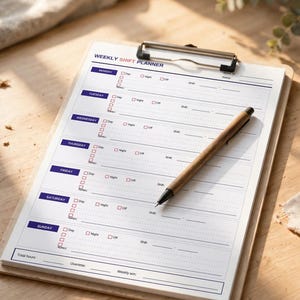 May include: A white weekly shift planner notepad on a clipboard with a wooden pen. The planner features sections for Monday through Sunday, with checkboxes for Day, Night, and Off shifts, plus lines for notes, total hours, overtime, and weekly win.