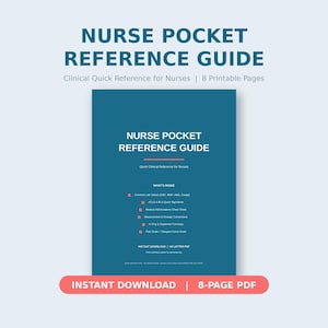 Könnte beinhalten: Ein digitales Dokument mit dem Titel Nurse Pocket Reference Guide, das ein blaugrünes Cover mit weißem Text aufweist. Es listet klinische Inhalte auf, darunter Laborwerte, ACLS- und BLS-Algorithmen sowie medizinische Abkürzungen.