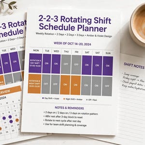 May include: A 2-2-3 rotating shift schedule planner printed on white paper with purple and orange colour-coded blocks for day and night shifts. The document includes a weekly rotation calendar for October 14-20, 2024, shift notes, and a monthly overview.