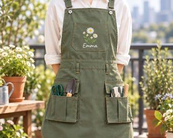 Personalized Gardening Apron With Pockets,Custom Name Birth Flower Garden Apron,Art Work Wear,Unique Gardening Gift For Women, Mom,Hostess