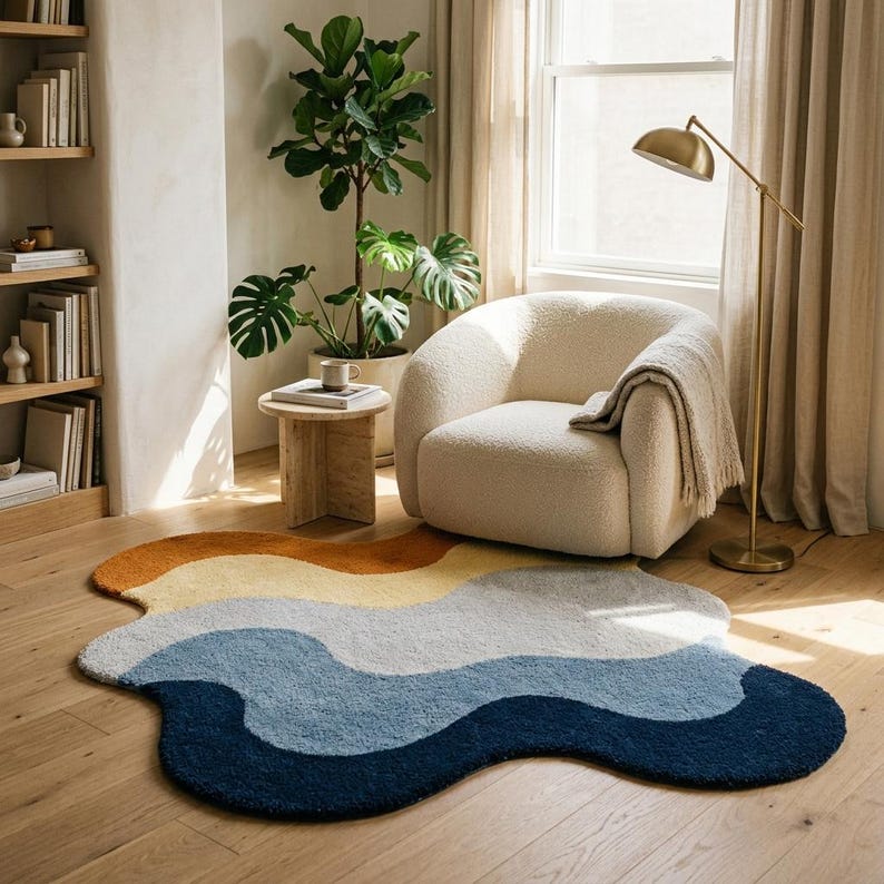 Handmade Waves and Flowing Stripes Wool Rug 8x10, Soft Tufted Area ...