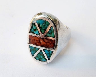 Vintage Turquoise & Coral Unmarked Sterling Silver Ring SIZE 5.25, Unisex, Southwestern Jewelry