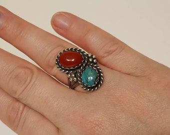 Vintage Turquoise and Coral Ring, Unmarked Sterling, Navajo, Southwestern, SIZE 7.75