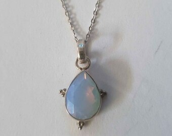 Vintage Teardrop / Pear-cut Opalite Gemstone and Sterling Silver Pendant with Sterling chain 925