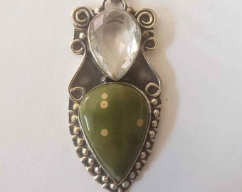 Sterling Silver Pendant, Jasper and White Tourmaline, Marked 925
