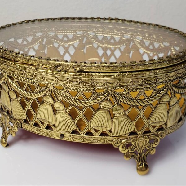 Vintage Ormolu Jewelry Casket Trinket Box, Gold Filigree, Glass, Red Velvet, Footed, Hinged, Victorian Style