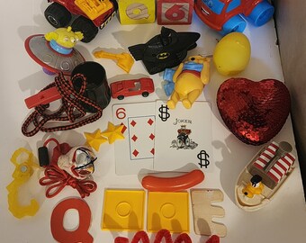 Vintage and Modern Toys n Bits Lot! Arts and Crafts Supplies! Curated Lot for Collection, Assemblages, & Crafts, Children Sensory