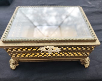 Vintage 1960s Filigree, Beveled Glass, & Footed Jewelry Casket, Trinket Box