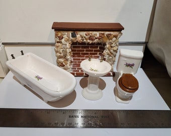 Vintage Miniature Dollhouse Lot.  Bathroom Set and Fireplace. Bathtub, sink, and toilet. Mini Furniture!