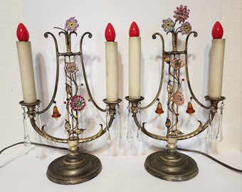 RARE Antique Pair Candelabra Brass Bouillotte Style Lamps Girandoles, Pull Strings Porcelain Flowers & Glass Accents Circa 1920s Art Nouveau