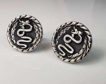 Vintage 1960s Dragon / Serpent  Cufflinks, Mens, Mad Men Style, Silver-tone Raised Design on Black Background