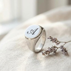 Initial Signet Ring for Women, Engraved Script Letter, Personalized Monogram Jewelry, Bridesmaid Gift