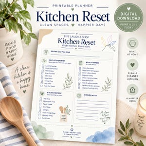 May include: A printable Kitchen Reset planner page featuring checklists for daily tasks, weekly refresh, kitchen restock, and notes. The document includes text such as Kitchen Goal This Week, Live Laugh & Shop, and A clean kitchen is a happy home, decorated with botanical illustrations in soft green and blue watercolor tones.
