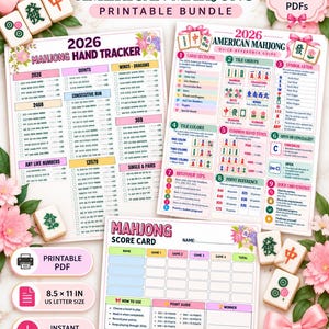 Könnte beinhalten: Ein druckbares 2026 American Mahjong-Set mit drei PDF-Blättern: ein Hand-Tracker, eine Kurzanleitung und eine Punktekarte. Die Dokumente enthalten Text, Tabellen und farbige Illustrationen von Mahjong-Steinen und messen 21,59 mal 27,94 cm.
