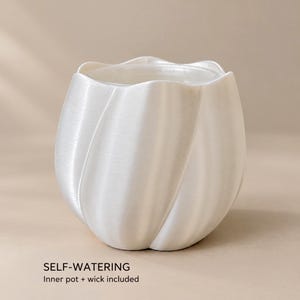 Self Watering Petal Planter with Inner Pot and Wick, 3D Printed Tulip Swirl Plant Pot, 3 and 3.5 inch Silk White Planter
