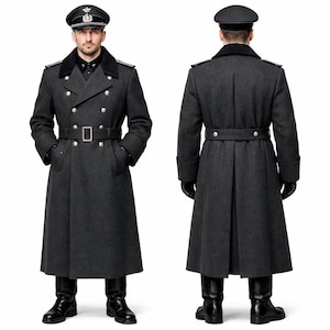 May include: A charcoal gray double-breasted wool overcoat featuring a black collar, silver-toned buttons, and a matching belt. The coat is paired with a peaked cap, black gloves, and black leather boots, shown from both front and back views.