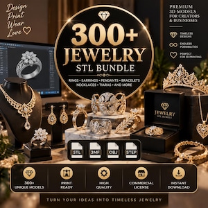 May include: A digital collection of 300+ jewelry STL models including rings, earrings, pendants, bracelets, necklaces, and tiaras. The display features gold-toned jewelry pieces, file format icons for STL, 3MF, OBJ, and STEP, and text overlays.