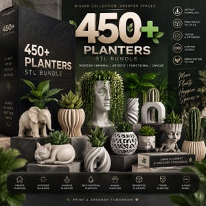 Pode incluir: Um pacote digital de mais de 450 arquivos STL para vasos imprimíveis em 3D, com vários designs, incluindo um elefante, um gato, um rosto humano e formas geométricas. O gráfico promocional exibe o texto 450+ PLANTERS STL BUNDLE.