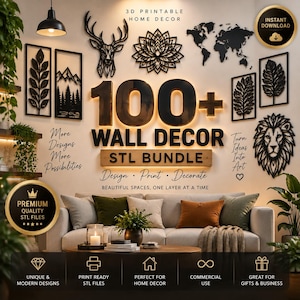 May include: A digital collection of 100+ wall decor STL files for 3D printing, featuring black geometric wall art designs including a deer head, lotus flower, world map, leaf panels, and a lion head, displayed above a sofa with text overlays.