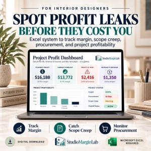 May include: A laptop screen displays a Project Profit Dashboard for interior designers, featuring data on planned profit, current forecast, profit at risk, and revenue to recover. The interface includes a bar chart for project profitability.
