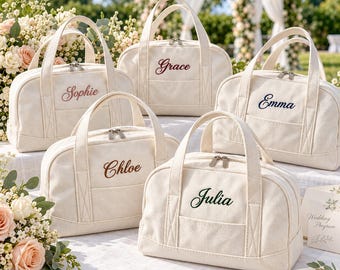 Gepersonaliseerde bruidsmeisjestas met geborduurde naam, canvas handtas met ritssluiting