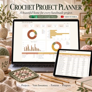 May include: A digital crochet project planner displayed on a laptop and tablet screen, featuring charts, tables, and data for yarn stash management. Includes two gold-colored crochet hooks and a small square crocheted granny square motif.
