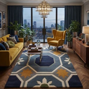 May include: A large rectangular area rug featuring a geometric pattern with a central dark blue octagon, surrounded by light blue, white, and mustard yellow star and floral motifs. The rug is placed on a herringbone wood floor in a living room.