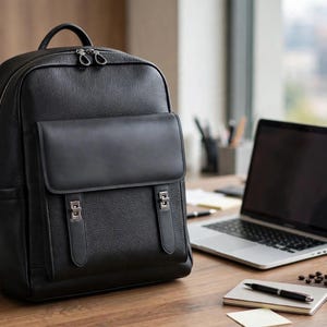 Könnte beinhalten: Ein schwarzer Rucksack aus strukturiertem Leder mit einer großen Vordertasche mit Klappverschluss, zwei silbernen Metallschnallen und einem Tragegriff. Das Hauptfach verfügt über einen doppelten Reißverschluss mit runden Schiebern.