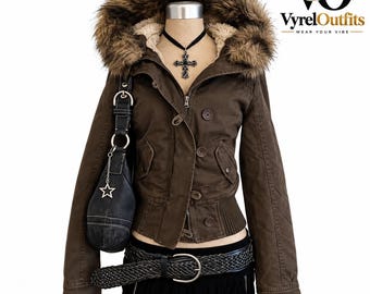 Y2K-Kunstpelzjacke für Damen, Harajuku-Gothic-Punk-Mantel, japanischer Retro-Streetstyle der 2000er Jahre