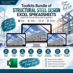 May include: A digital bundle of structural steel design Excel spreadsheets featuring a central monitor and two laptops displaying construction sites. Includes icons for member, connection, base plate, bracing, purlin, and steel detail design.
