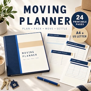 May include: A moving planner binder with a navy blue and cream cover, featuring the text Moving Planner Plan Pack Move Settle. Includes printable pages for moving overview, important dates, master moving checklist, and moving budget, plus a blue pen.