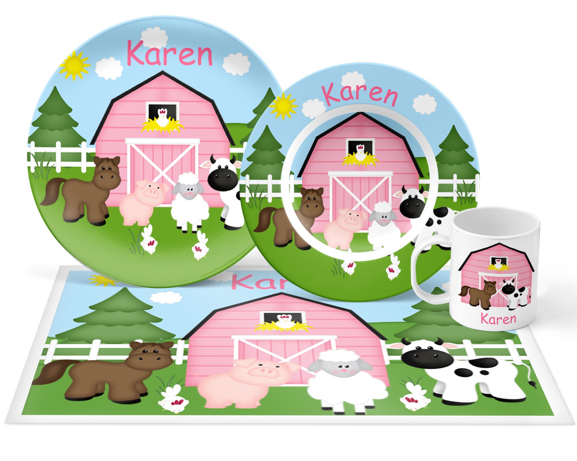 Barn Yard Pink Plate Set Personalized Kids Plate Bowl Mug Etsy