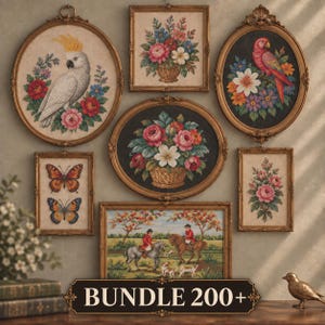 May include: A collection of seven framed cross-stitch artworks featuring a white cockatoo, a red parrot, floral arrangements, butterflies, and a hunting scene. Each piece is enclosed in an ornate gold frame. A sign at the bottom reads BUNDLE 200+.