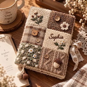 Pode incluir: Uma capa de caderno quadrada com um design de patchwork de quadrados de malha e tecido em creme, castanho e verde. Inclui motivos florais bordados, um pequeno botão de urso em madeira, um detalhe de bolota castanha e o nome Sophia em fio castanho.
